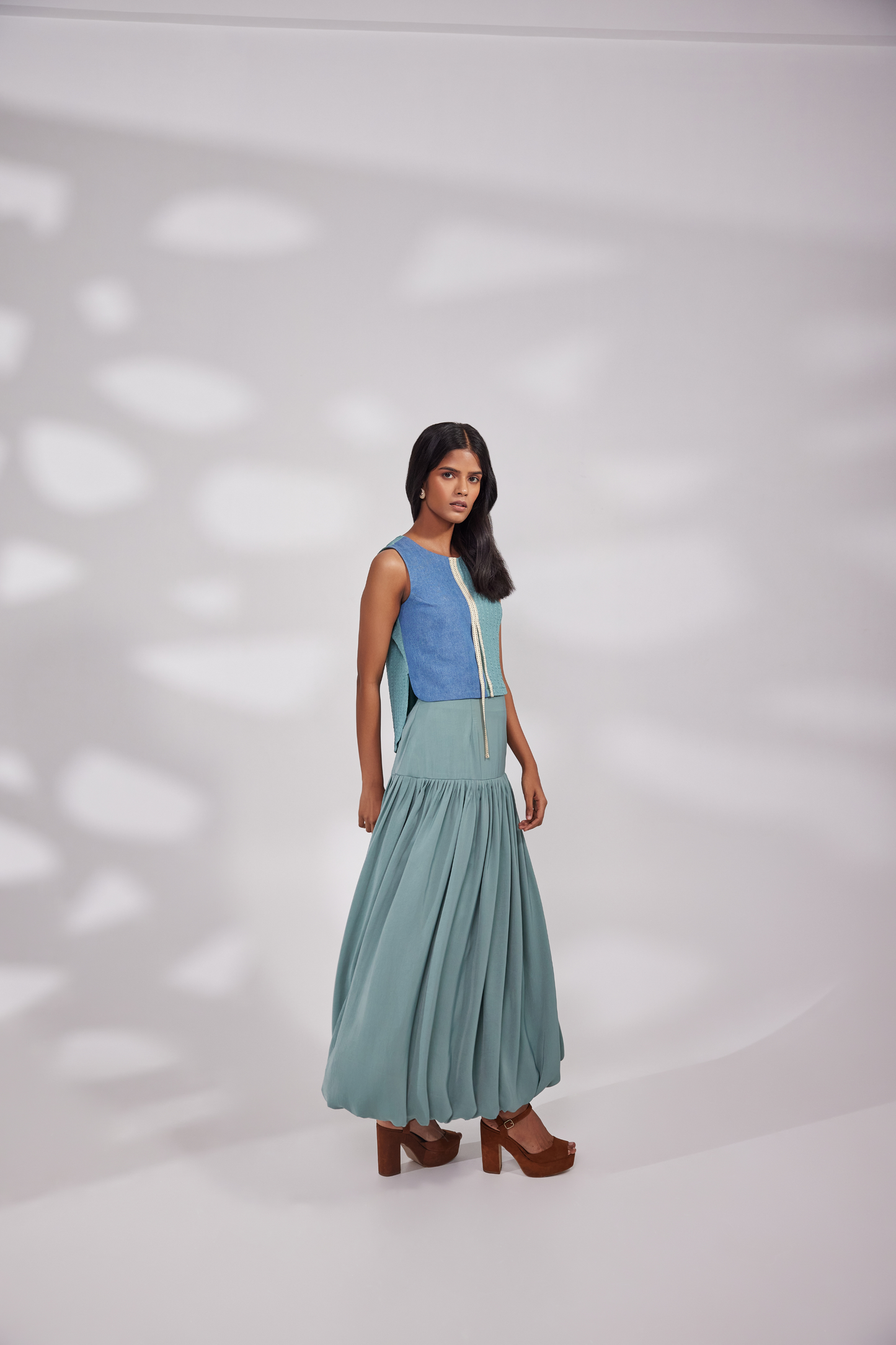 Half denim half lycra short long top with gathered calf length skirt