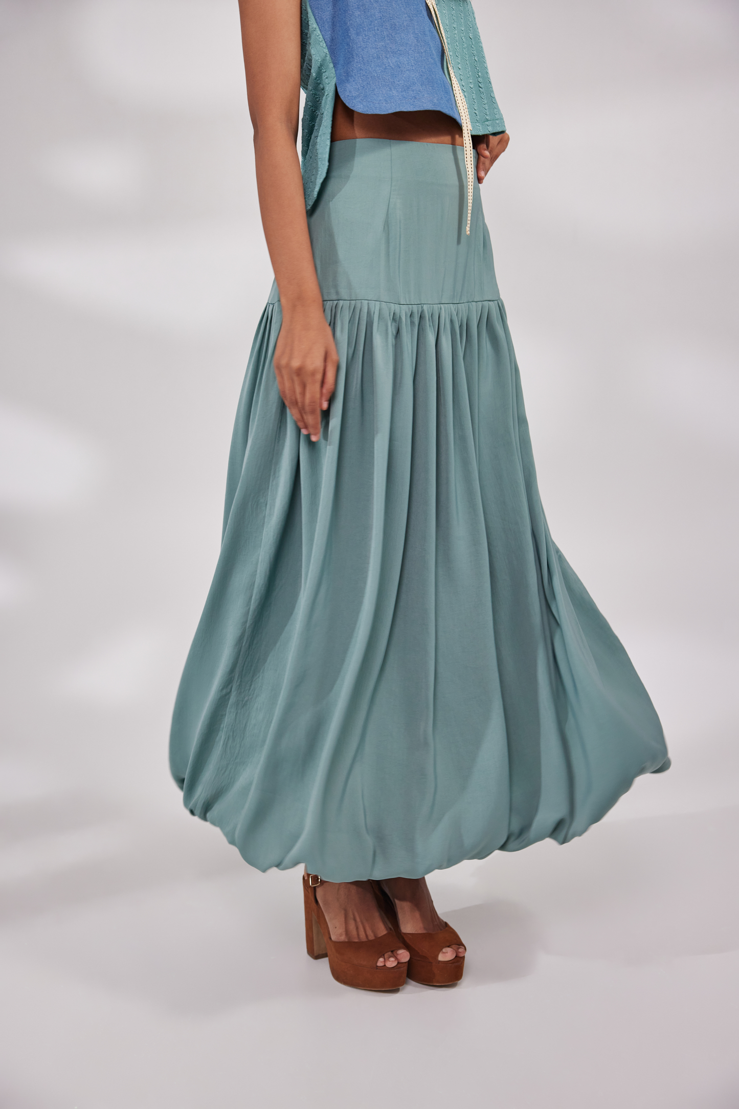Half denim half lycra short long top with gathered calf length skirt