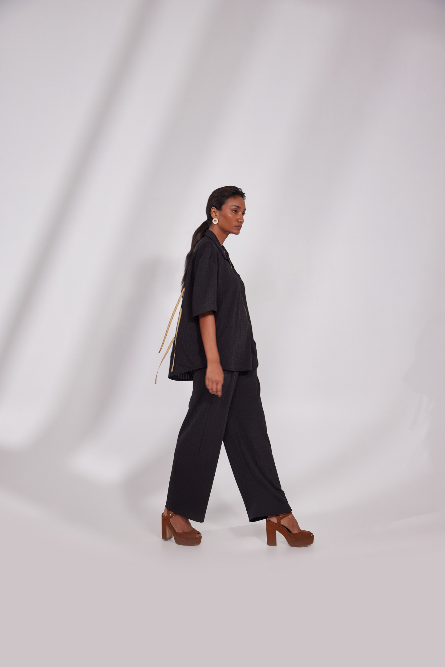 Front zip collared shirt with pocket on front and back denim design with pocket pants.