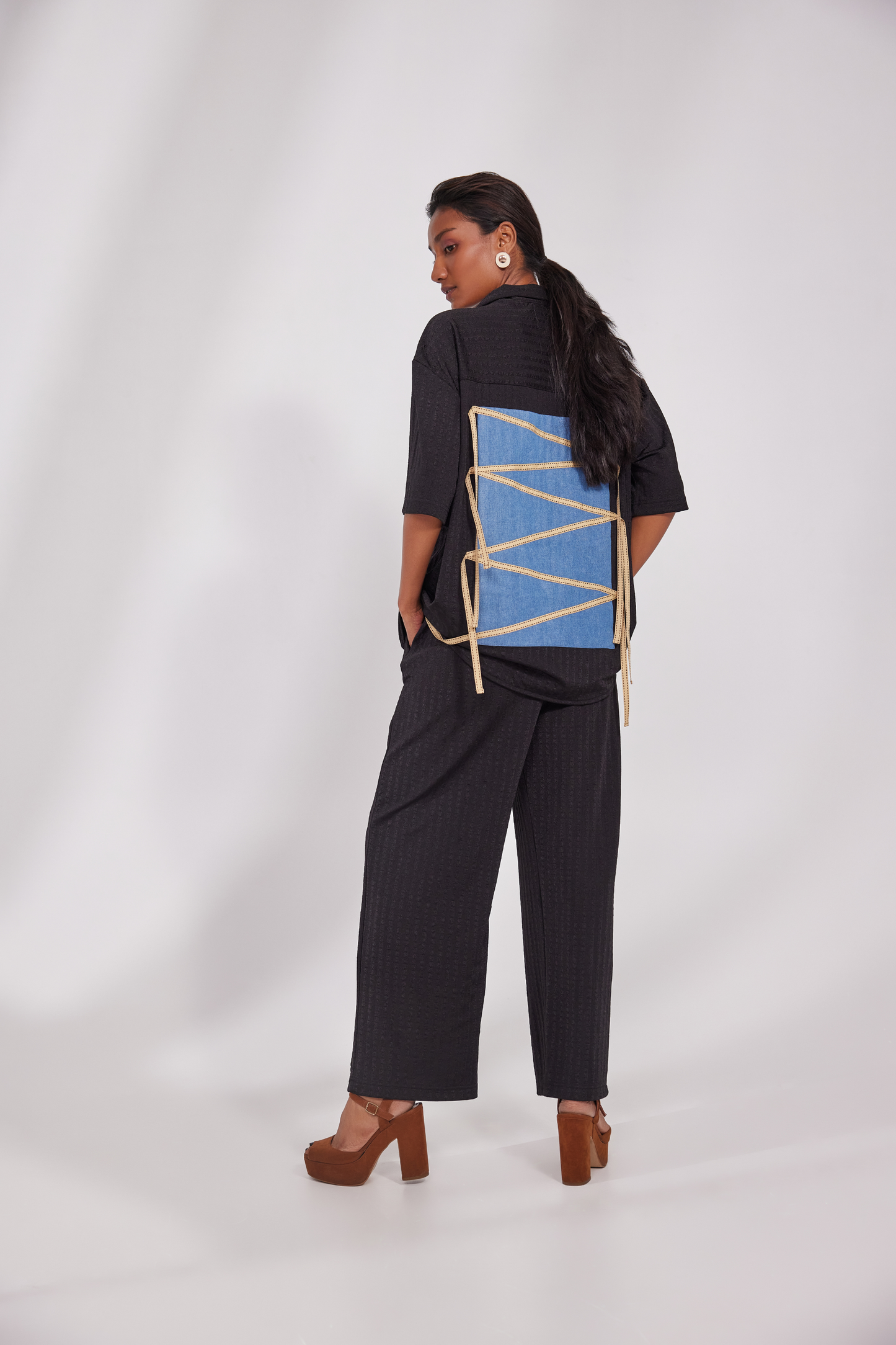 Front zip collared shirt with pocket on front and back denim design with pocket pants.