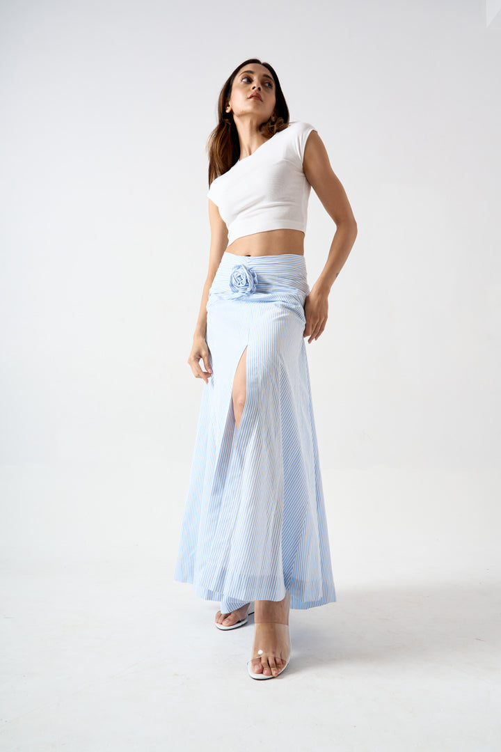 STRIPPED FULL LENGTH SKIRT WITH FRONT SLIT AND APPLIQUE FLOWER DETAIL