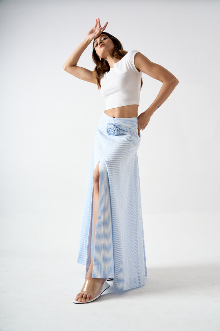 STRIPPED FULL LENGTH SKIRT WITH FRONT SLIT AND APPLIQUE FLOWER DETAIL