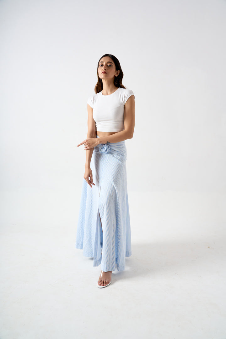 STRIPPED FULL LENGTH SKIRT WITH FRONT SLIT AND APPLIQUE FLOWER DETAIL