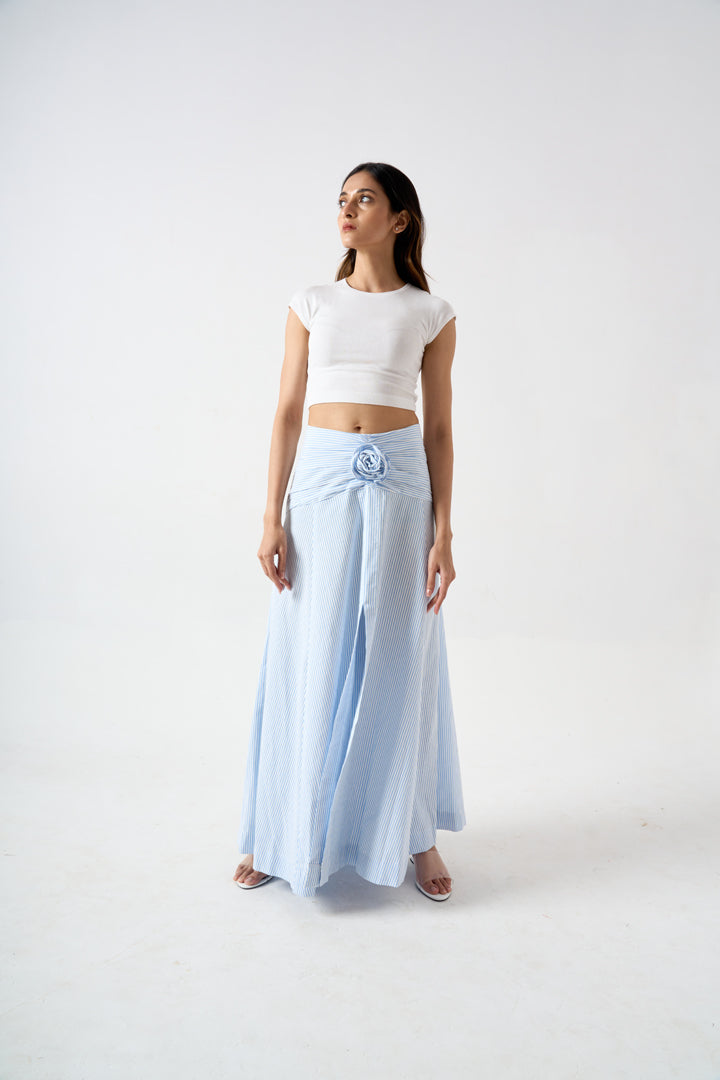 STRIPPED FULL LENGTH SKIRT WITH FRONT SLIT AND APPLIQUE FLOWER DETAIL