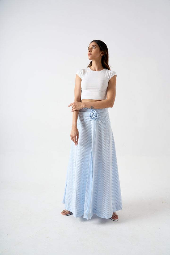STRIPPED FULL LENGTH SKIRT WITH FRONT SLIT AND APPLIQUE FLOWER DETAIL