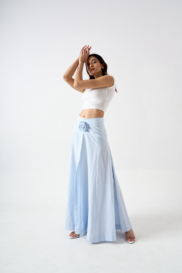 STRIPPED FULL LENGTH SKIRT WITH FRONT SLIT AND APPLIQUE FLOWER DETAIL