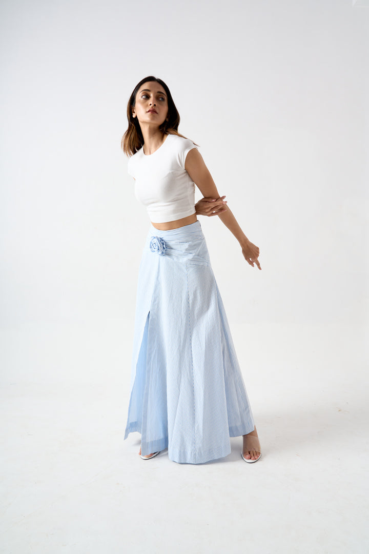 STRIPPED FULL LENGTH SKIRT WITH FRONT SLIT AND APPLIQUE FLOWER DETAIL
