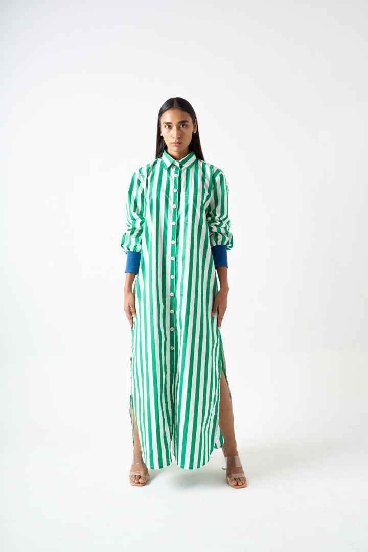 STRIPPED LONG SHIRT DRESS WITH COLLAR AND SIDE SLIT WITH CONTRAST RIBBED DETAILS ON THE SLEEVES
