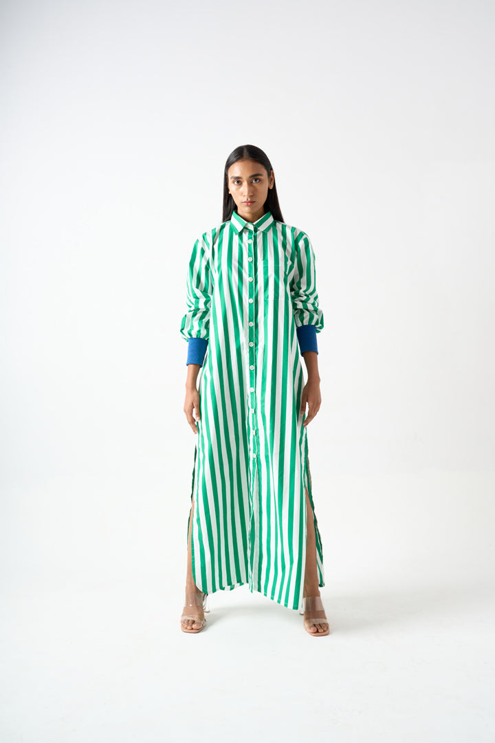 STRIPPED LONG SHIRT DRESS WITH COLLAR AND SIDE SLIT WITH CONTRAST RIBBED DETAILS ON THE SLEEVES