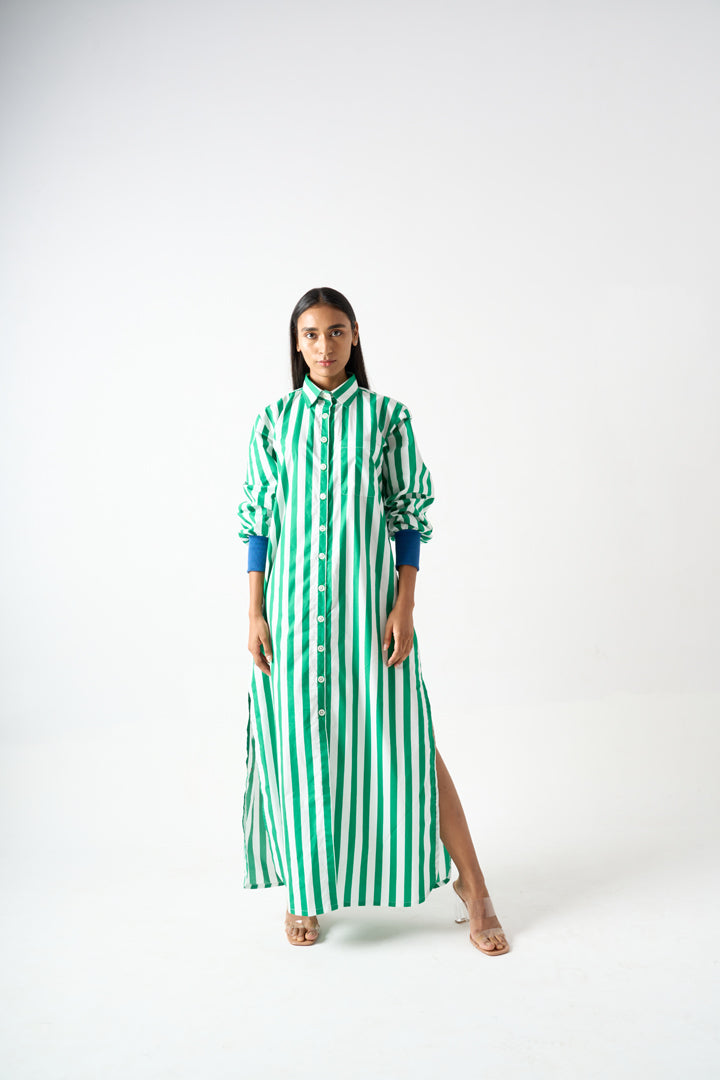 STRIPPED LONG SHIRT DRESS WITH COLLAR AND SIDE SLIT WITH CONTRAST RIBBED DETAILS ON THE SLEEVES