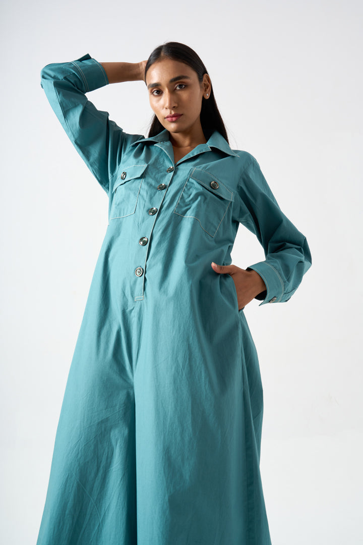COLLARED FULL LENGTH FULL SLEEVES JUMPSUIT WITH FRONT BUTTON AND PATCH POCKET DETAILS