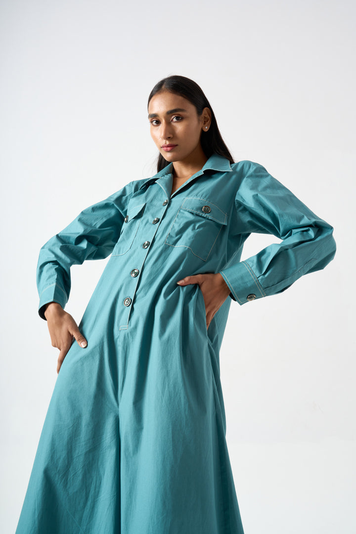 COLLARED FULL LENGTH FULL SLEEVES JUMPSUIT WITH FRONT BUTTON AND PATCH POCKET DETAILS
