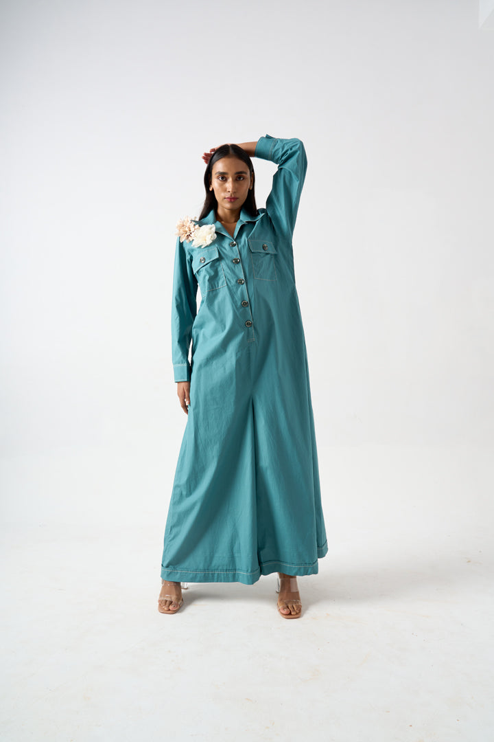 COLLARED FULL LENGTH FULL SLEEVES JUMPSUIT WITH FRONT BUTTON AND PATCH POCKET DETAILS