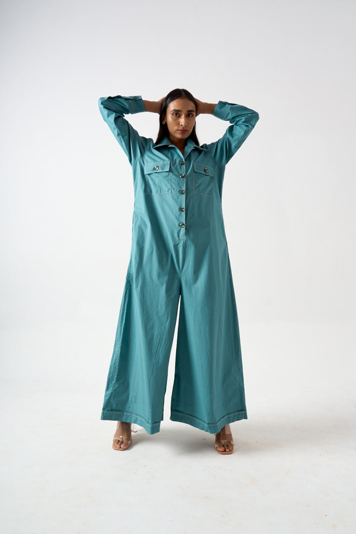 COLLARED FULL LENGTH FULL SLEEVES JUMPSUIT WITH FRONT BUTTON AND PATCH POCKET DETAILS