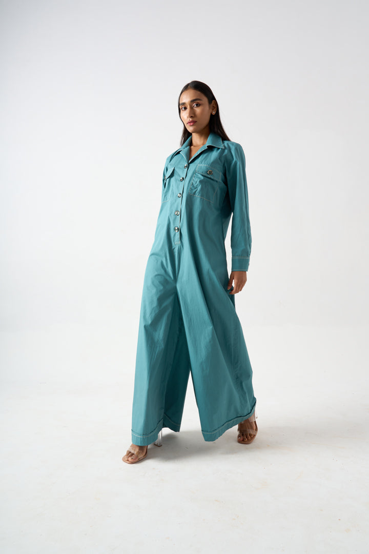 COLLARED FULL LENGTH FULL SLEEVES JUMPSUIT WITH FRONT BUTTON AND PATCH POCKET DETAILS