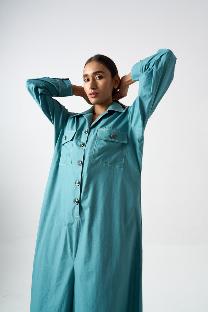 COLLARED FULL LENGTH FULL SLEEVES JUMPSUIT WITH FRONT BUTTON AND PATCH POCKET DETAILS