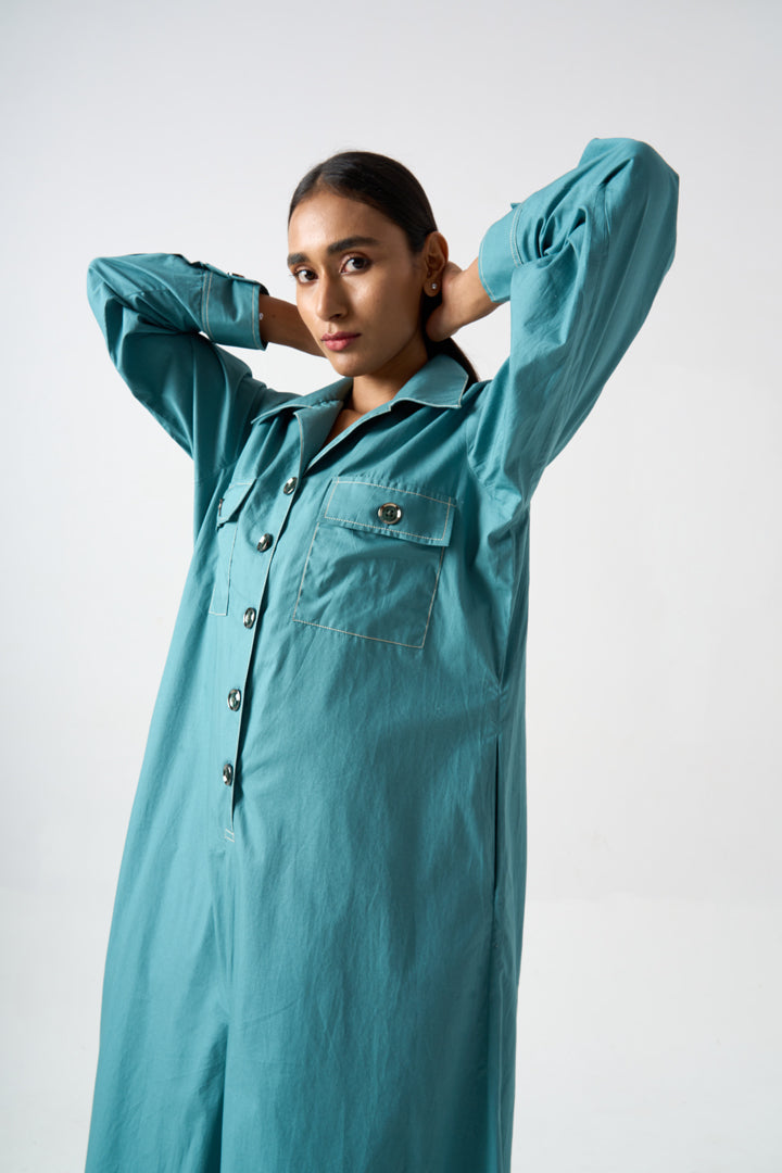 COLLARED FULL LENGTH FULL SLEEVES JUMPSUIT WITH FRONT BUTTON AND PATCH POCKET DETAILS