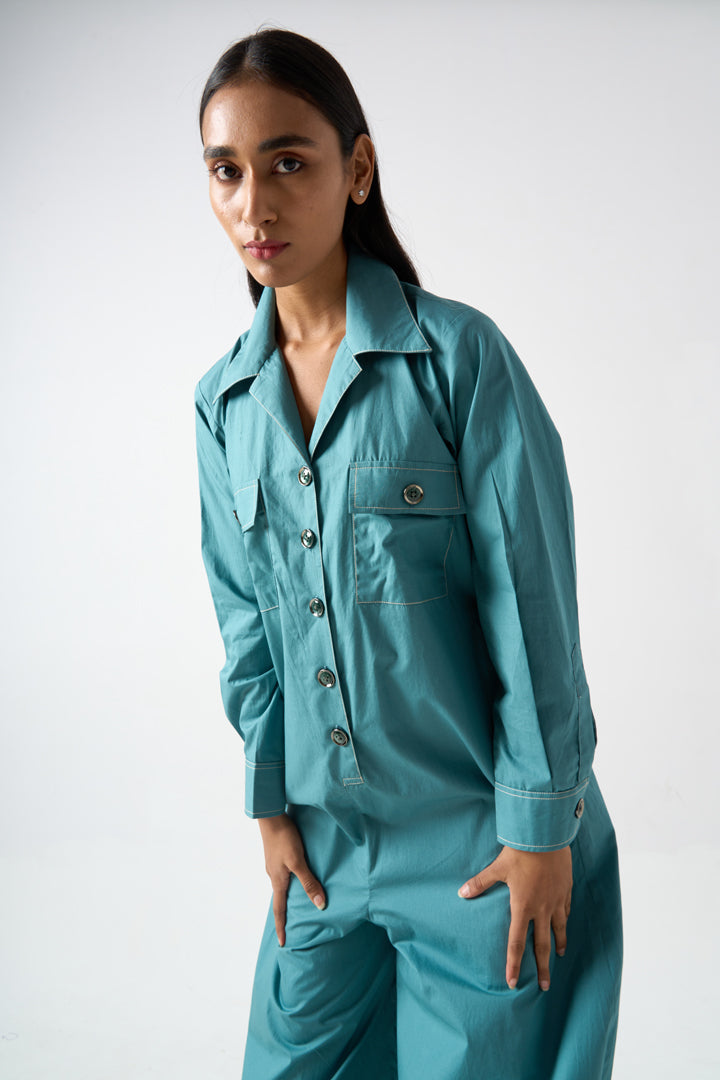 COLLARED FULL LENGTH FULL SLEEVES JUMPSUIT WITH FRONT BUTTON AND PATCH POCKET DETAILS