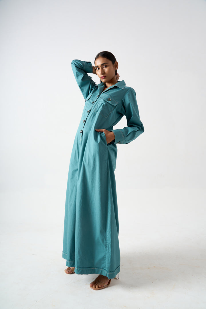 COLLARED FULL LENGTH FULL SLEEVES JUMPSUIT WITH FRONT BUTTON AND PATCH POCKET DETAILS