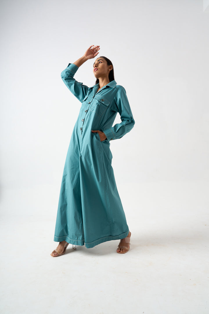 COLLARED FULL LENGTH FULL SLEEVES JUMPSUIT WITH FRONT BUTTON AND PATCH POCKET DETAILS