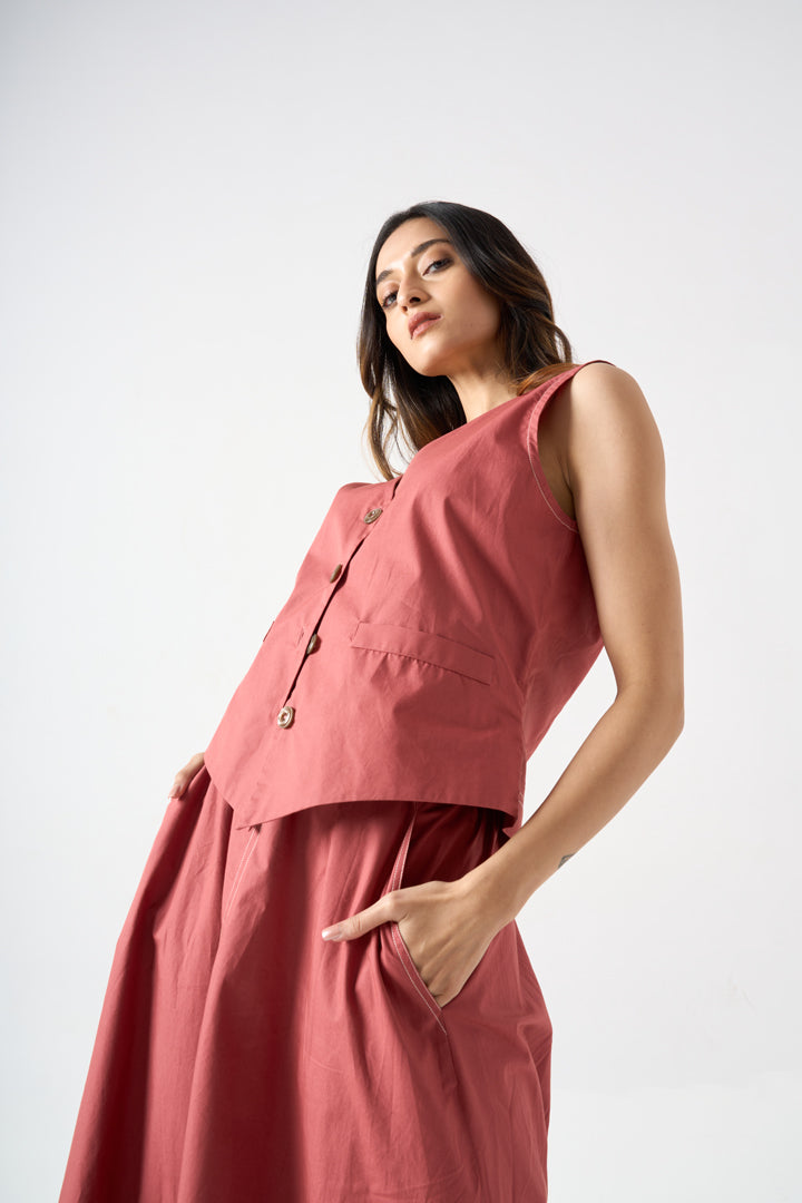 WAIST COAT WITH FRONT BUTTONS AND POCKET DETAILS WITH A-LINE SKIRT WITH SIDE POCKETS AND BACK WAIST ELASTIC