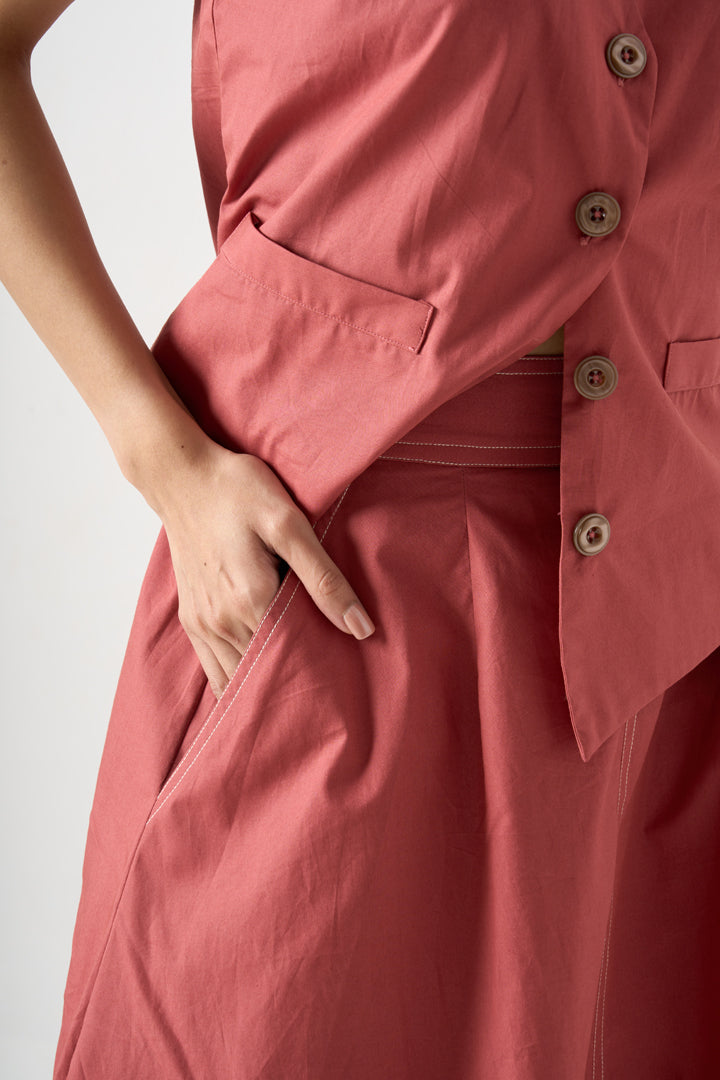 WAIST COAT WITH FRONT BUTTONS AND POCKET DETAILS WITH A-LINE SKIRT WITH SIDE POCKETS AND BACK WAIST ELASTIC