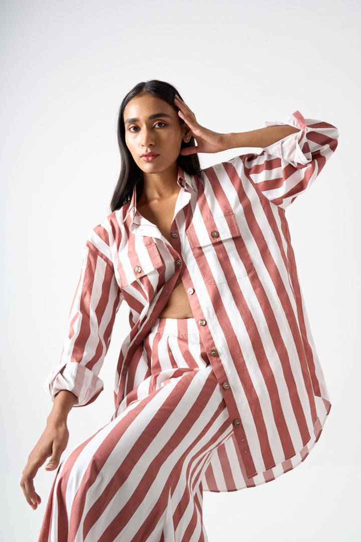 STRIPPED COLLARED OVERSIZED SHIRT WITH FULL SLEEVES AND PATCH POCKET DETAILS