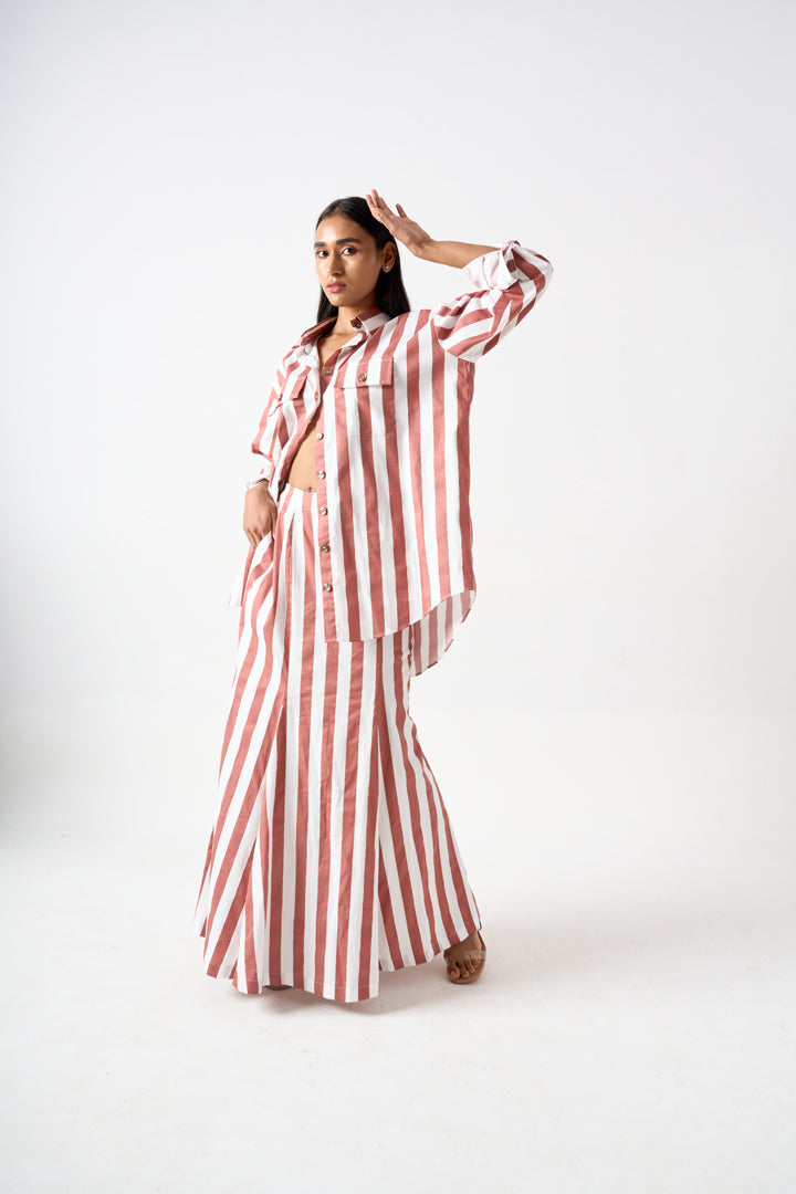 STRIPPED COLLARED OVERSIZED SHIRT WITH FULL SLEEVES AND PATCH POCKET DETAILS