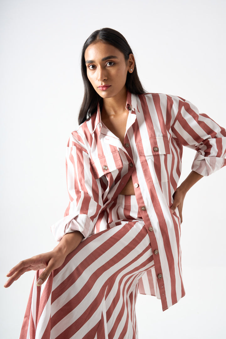 STRIPPED COLLARED OVERSIZED SHIRT WITH FULL SLEEVES AND PATCH POCKET DETAILS
