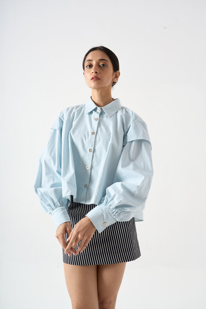PINSTRIPED SHORT FLARED FULL SLEEVES TOP WITH COLLAR AND FRONT BUTTONS