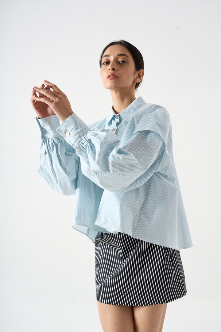 PINSTRIPED SHORT FLARED FULL SLEEVES TOP WITH COLLAR AND FRONT BUTTONS