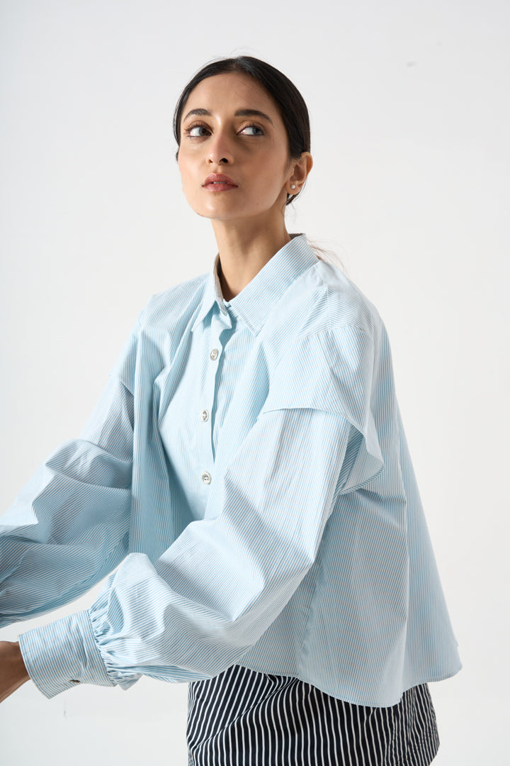 PINSTRIPED SHORT FLARED FULL SLEEVES TOP WITH COLLAR AND FRONT BUTTONS