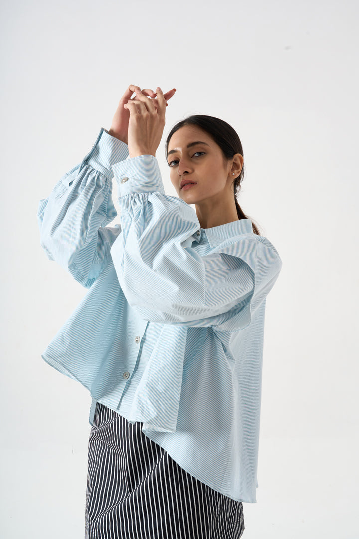 PINSTRIPED SHORT FLARED FULL SLEEVES TOP WITH COLLAR AND FRONT BUTTONS