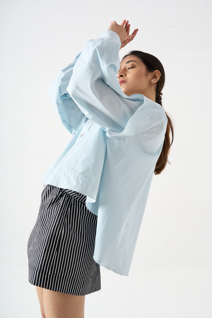 PINSTRIPED SHORT FLARED FULL SLEEVES TOP WITH COLLAR AND FRONT BUTTONS