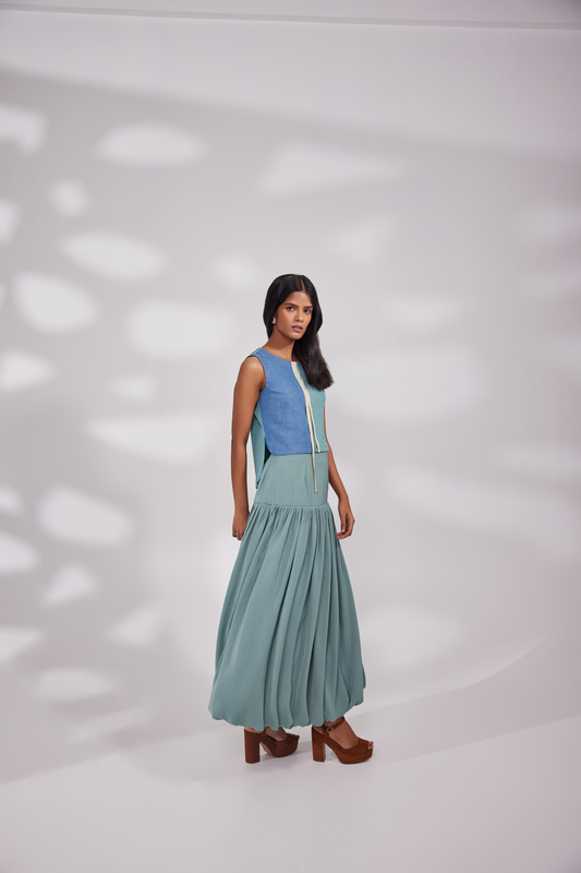 Half denim half lycra short long top with gathered calf length skirt