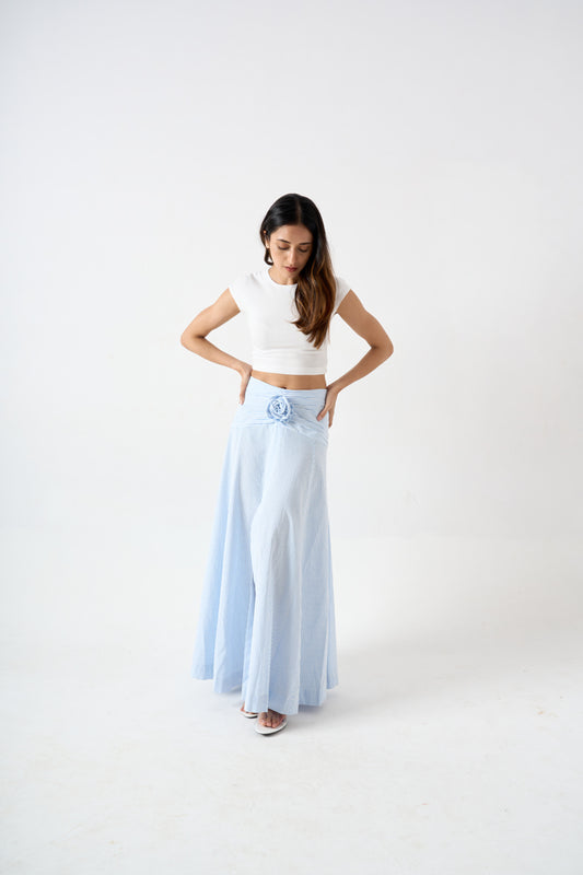STRIPPED FULL LENGTH SKIRT WITH FRONT SLIT AND APPLIQUE FLOWER DETAIL