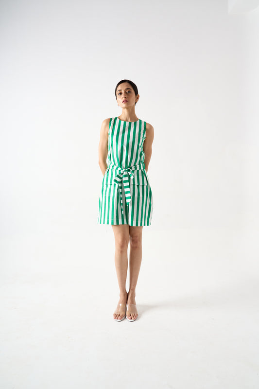 STRIPPED SHORT SLEEVELSS DRESS WITH TIE-UP BELT AND PATCH POCKET DETAILS AND BACK ZIP FASTENER