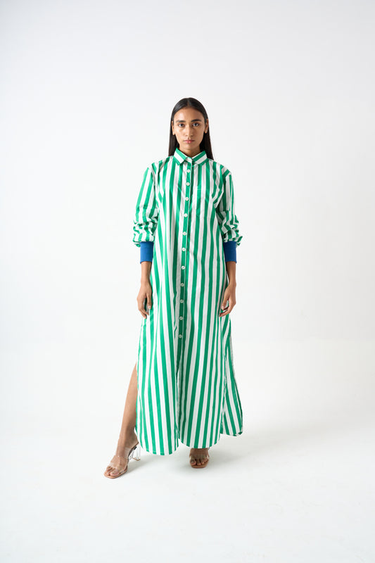 STRIPPED LONG SHIRT DRESS WITH COLLAR AND SIDE SLIT WITH CONTRAST RIBBED DETAILS ON THE SLEEVES