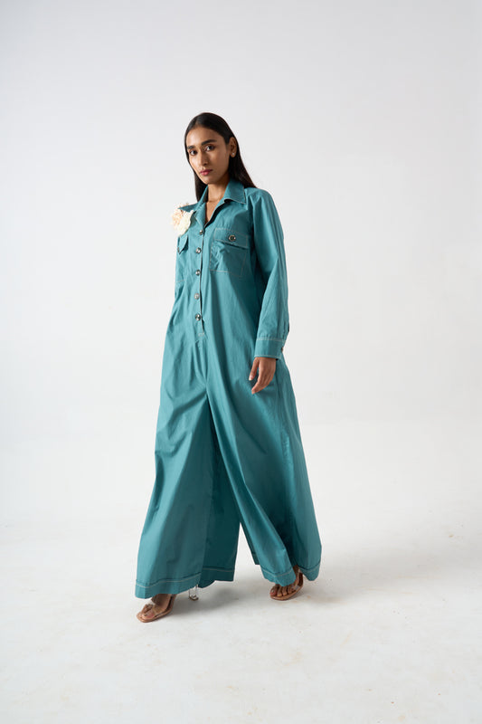 COLLARED FULL LENGTH FULL SLEEVES JUMPSUIT WITH FRONT BUTTON AND PATCH POCKET DETAILS