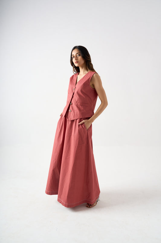 WAIST COAT WITH FRONT BUTTONS AND POCKET DETAILS WITH A-LINE SKIRT WITH SIDE POCKETS AND BACK WAIST ELASTIC