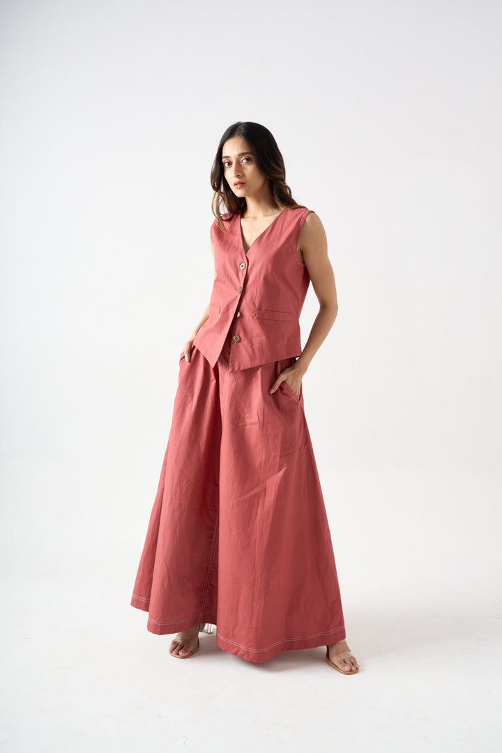 WAIST COAT WITH FRONT BUTTONS AND POCKET DETAILS WITH A-LINE SKIRT WITH SIDE POCKETS AND BACK WAIST ELASTIC