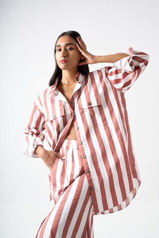 STRIPPED COLLARED OVERSIZED SHIRT WITH FULL SLEEVES AND PATCH POCKET DETAILS
