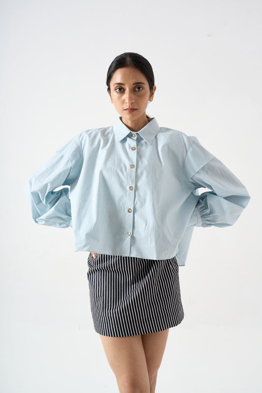 PINSTRIPED SHORT FLARED FULL SLEEVES TOP WITH COLLAR AND FRONT BUTTONS