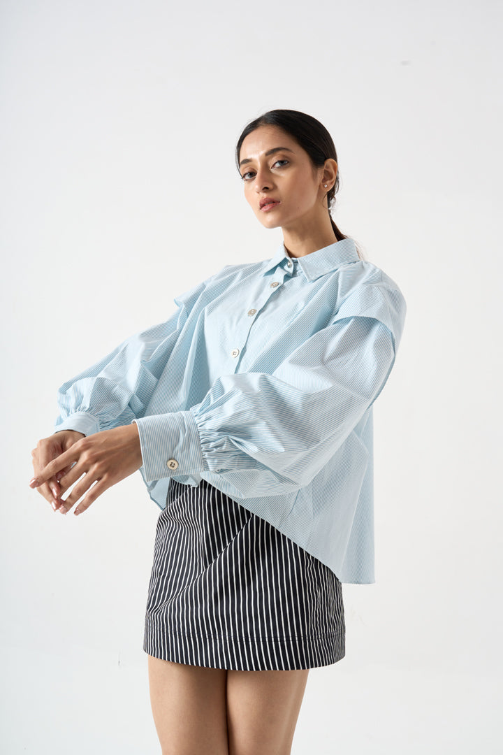 PINSTRIPED SHORT FLARED FULL SLEEVES TOP WITH COLLAR AND FRONT BUTTONS