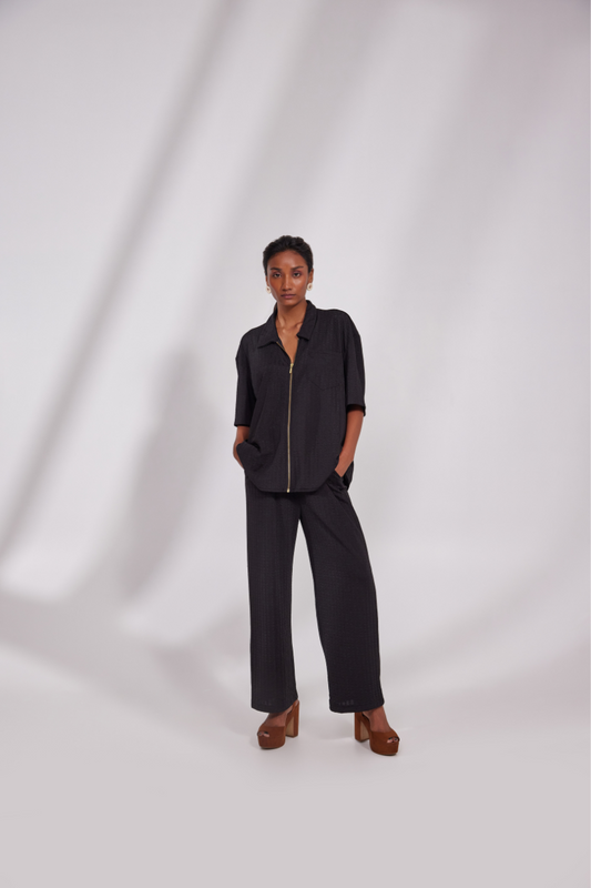 Front zip collared shirt with pocket on front and back denim design with pocket pants.
